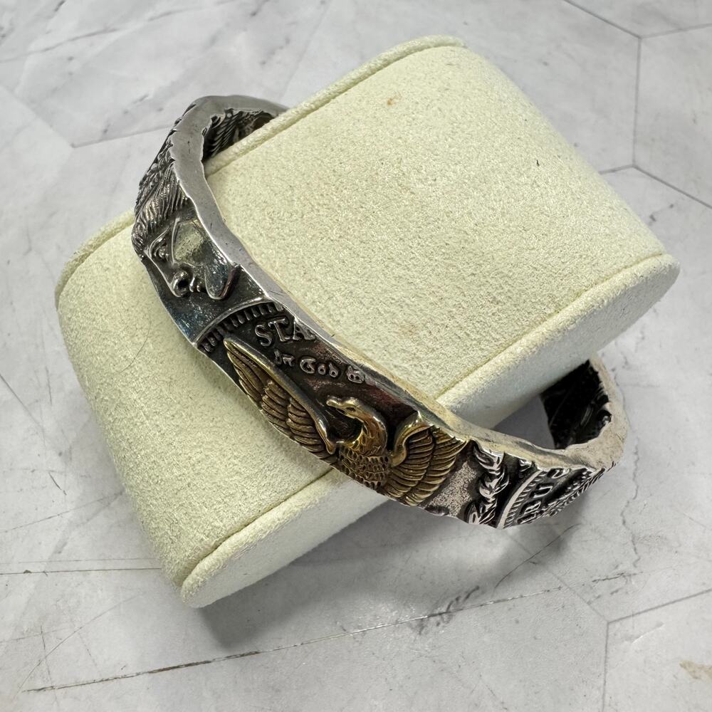 Faux Morgan Dollar Coin Cuff Bracelet Silver & Gold Tone Eagle 6" Double Sided